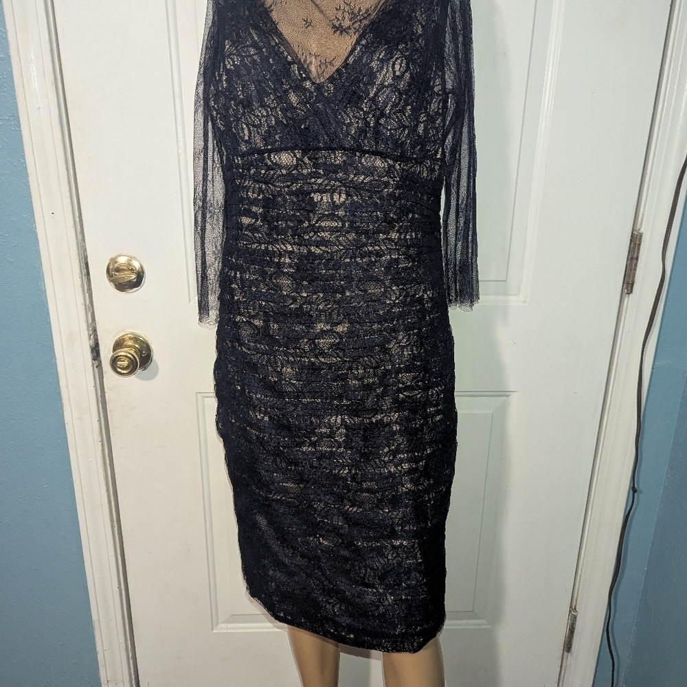 Teri Jon Blue Ruched Sheath Dress V-Neck 3/4 Sleeve - Picture 5 of 7